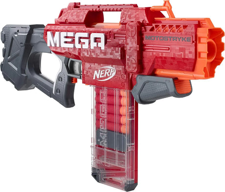 Nerf Mega Motostryke Blaster showing transparent dart clip and red body on white background