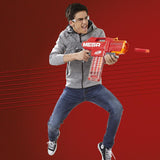 Child aiming the Nerf Mega Motostryke Blaster during play on white background