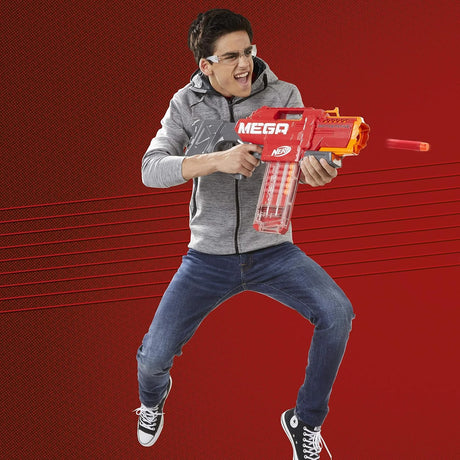 Child aiming the Nerf Mega Motostryke Blaster during play on white background