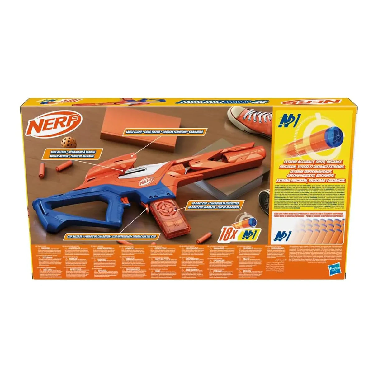Back of NERF N Series Pinpoint blaster box showing product details and N1 dart graphics