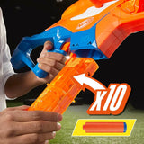Close-up of orange clip being inserted into NERF N Series Pinpoint blaster with x10 graphic