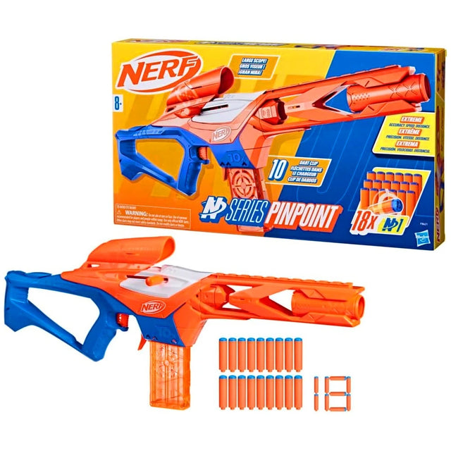 NERF N Series Pinpoint blaster with product box and orange N1 darts