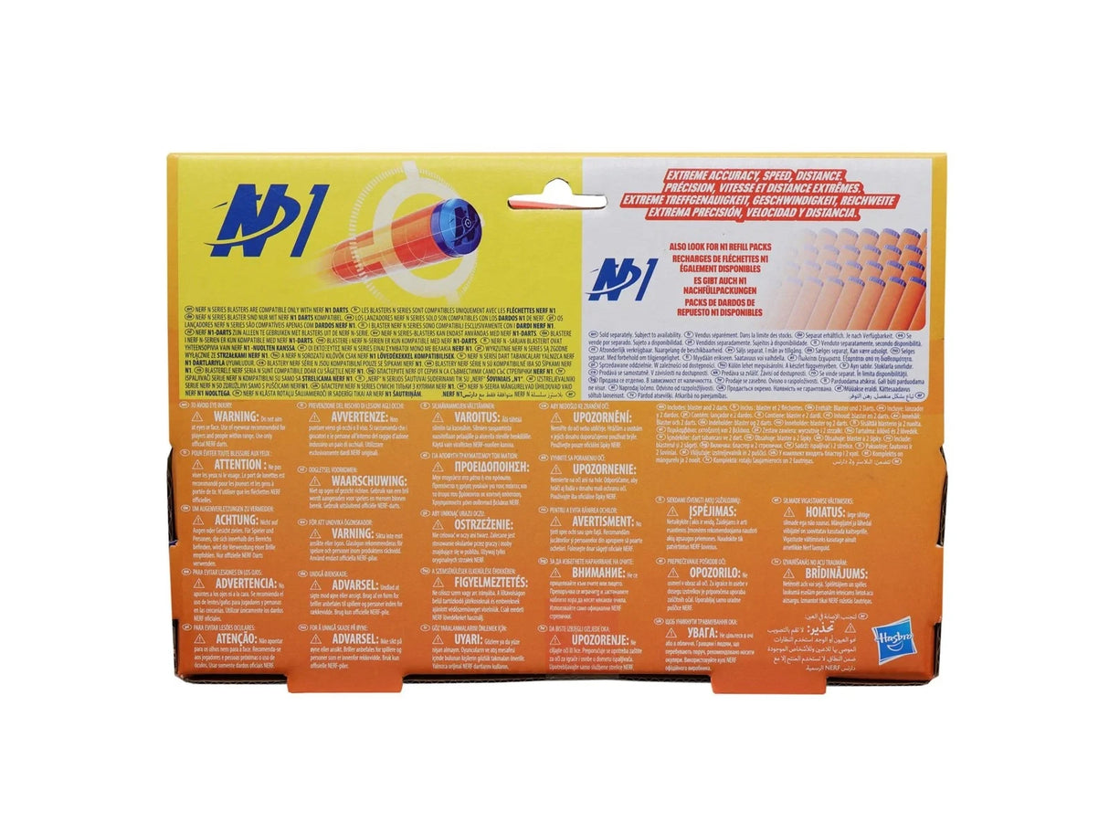Back of NERF N Series Ward blaster box with N1 dart graphics and safety text
