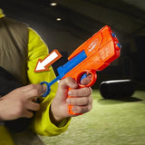 Person holding NERF N Series Ward blaster with white arrow pointing at blue pull ring