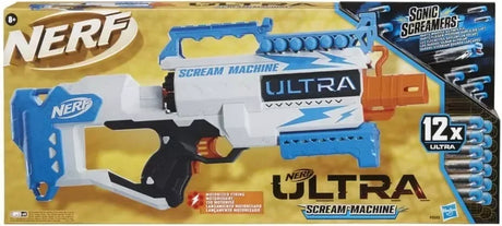 Retail box of Nerf Ultra Scream Machine motorised blaster showing 12 Sonic Screamer darts