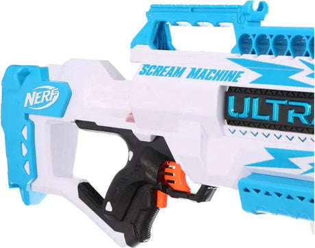Nerf Ultra Scream Machine motorised blaster in blue and white with orange barrel and grip