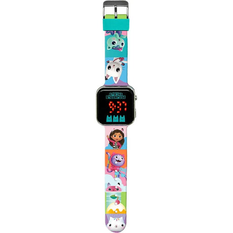 Gabby’s Dollhouse LED watch with red digital time display illuminated on rectangular screen