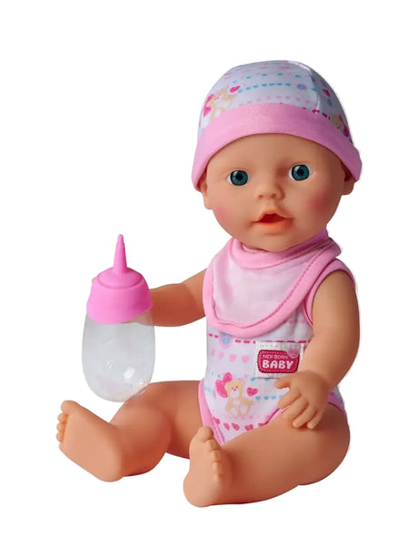 Baby doll wearing a pink bib and holding a bottle