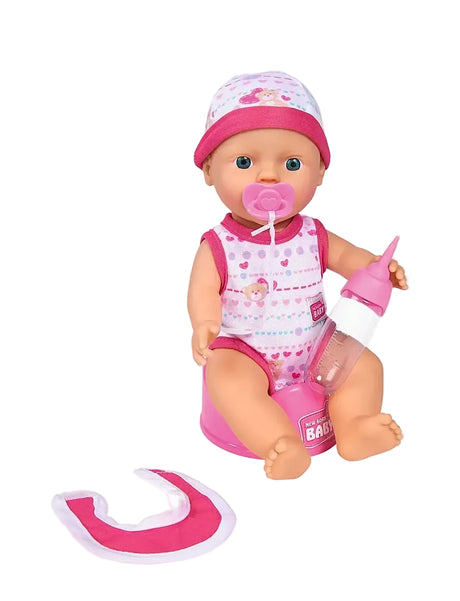 Baby doll with dummy, bottle and bib beside a curved potty piece