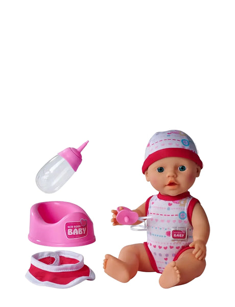Baby doll with bottle, dummy, pink potty and bib laid out beside it