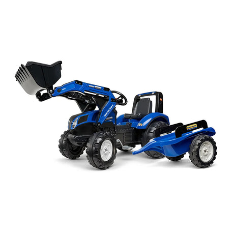 New Holland Blue backhoe ride-on with front loader and trailer side view – Ireland