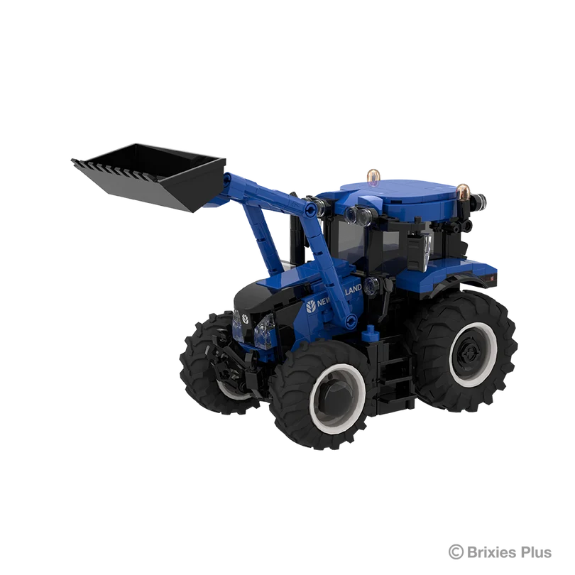 BRIXIES Plus New Holland T6.180 tractor viewed from the left side with the front loader raised, black bucket, blue bonnet and enclosed cab visible