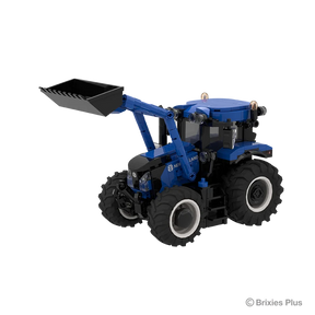 BRIXIES Plus New Holland T6.180 tractor viewed from the left side with the front loader raised, black bucket, blue bonnet and enclosed cab visible