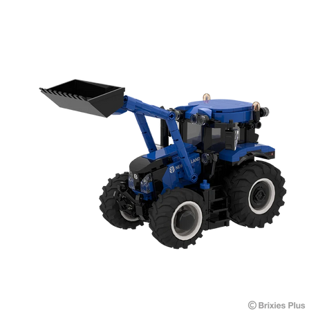 BRIXIES Plus New Holland T6.180 tractor viewed from the left side with the front loader raised, black bucket, blue bonnet and enclosed cab visible