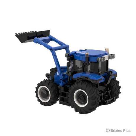 Angled view of the BRIXIES Plus New Holland T6.180 showing the raised loader arms, enclosed cab, blue rear bodywork and agricultural tyres