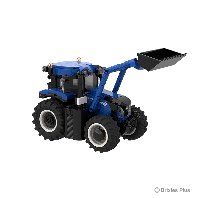 BRIXIES Plus New Holland T6.180 tractor viewed from the right side with the raised front loader, black bucket, blue bodywork and large rear tyre visible