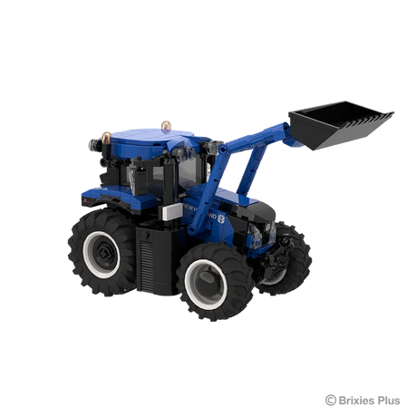 BRIXIES Plus New Holland T6.180 tractor viewed from the right side with the raised front loader, black bucket, blue bodywork and large rear tyre visible