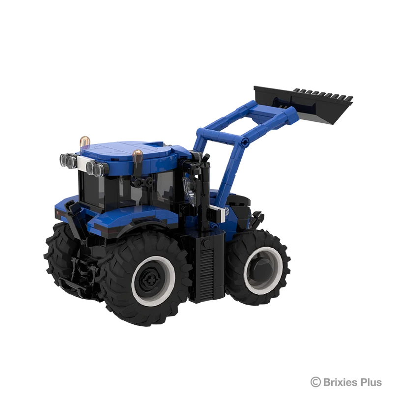 BRIXIES Plus New Holland T6.180 shown from the rear side with the raised front loader, enclosed cab, blue body panels and large rear wheel