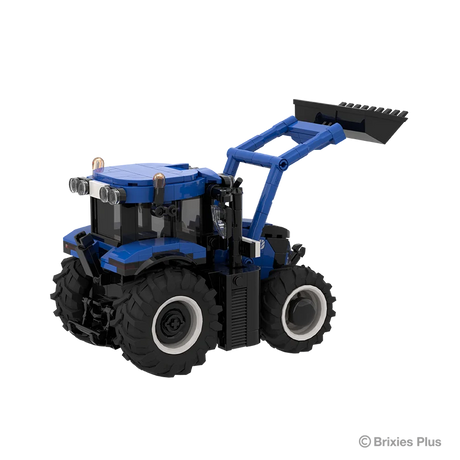 BRIXIES Plus New Holland T6.180 shown from the rear side with the raised front loader, enclosed cab, blue body panels and large rear wheel