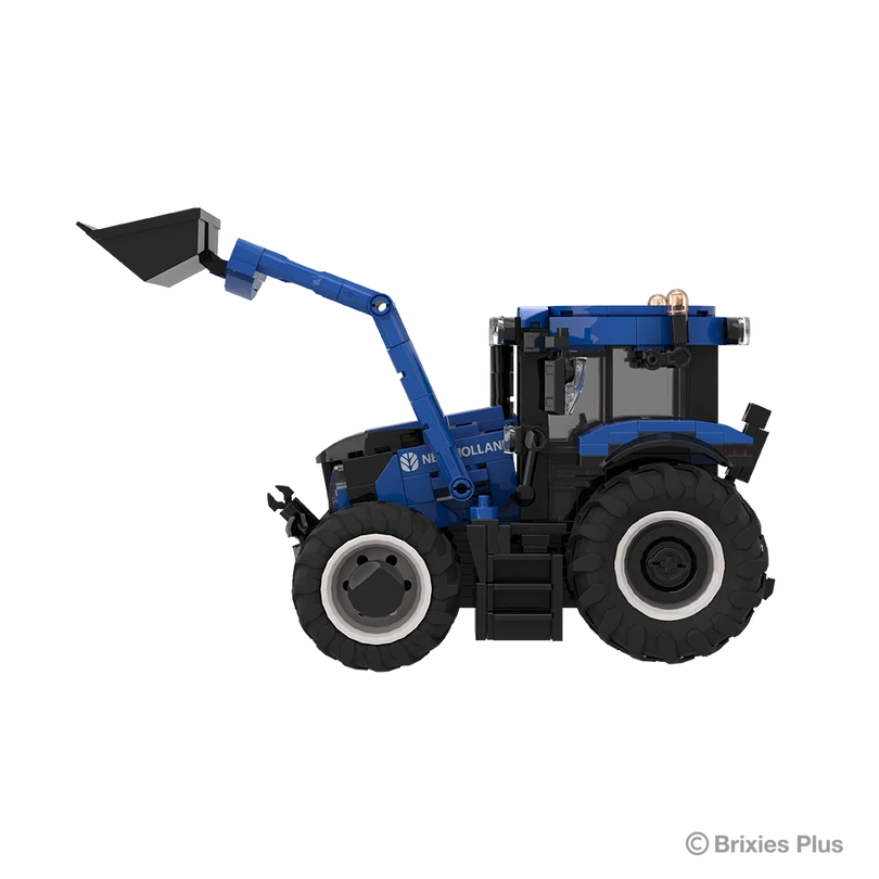 BRIXIES Plus New Holland T6.180 in left side profile showing the raised loader and bucket, New Holland branding, cab and agricultural wheels