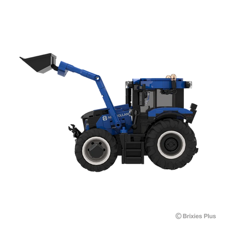 BRIXIES Plus New Holland T6.180 in left side profile showing the raised loader and bucket, New Holland branding, cab and agricultural wheels
