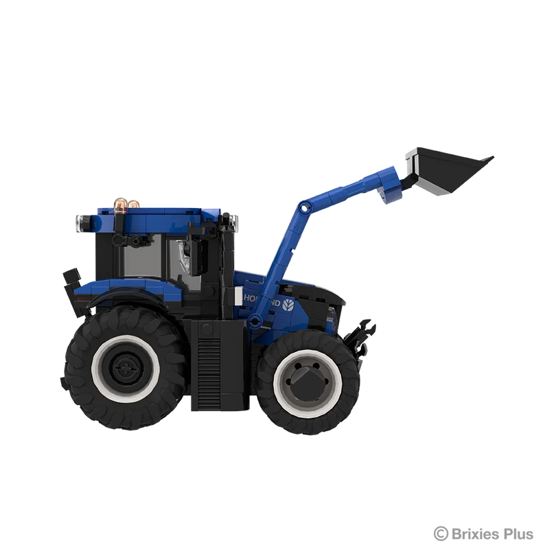 BRIXIES Plus New Holland T6.180 in right side profile with the front loader extended upward, black bucket, blue bonnet and large rear tyre
