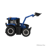 BRIXIES Plus New Holland T6.180 in right side profile with the front loader extended upward, black bucket, blue bonnet and large rear tyre