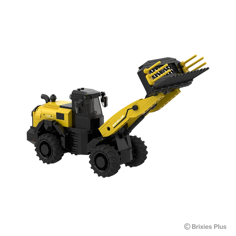 Front three quarter view of the BRIXIES Plus New Holland W170D+ showing the articulated front section, large tyres, cab and raised attachment