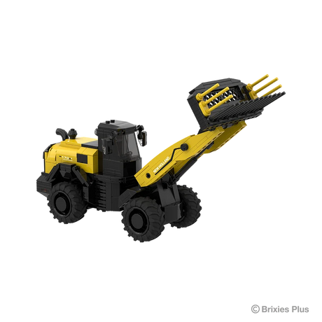 Front three quarter view of the BRIXIES Plus New Holland W170D+ showing the articulated front section, large tyres, cab and raised attachment