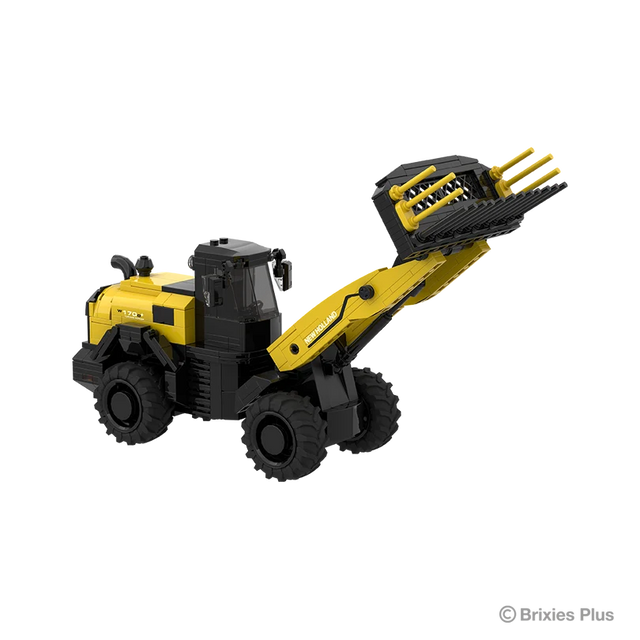 Front three quarter view of the BRIXIES Plus New Holland W170D+ showing the articulated front section, large tyres, cab and raised attachment