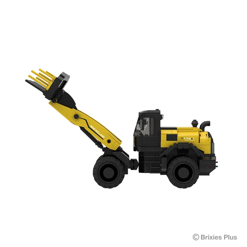 Side profile of the BRIXIES Plus New Holland W170D+ facing left with the loader arm raised, enclosed cab and four black tyres visible