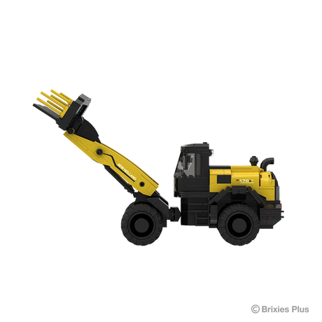 Side profile of the BRIXIES Plus New Holland W170D+ facing left with the loader arm raised, enclosed cab and four black tyres visible