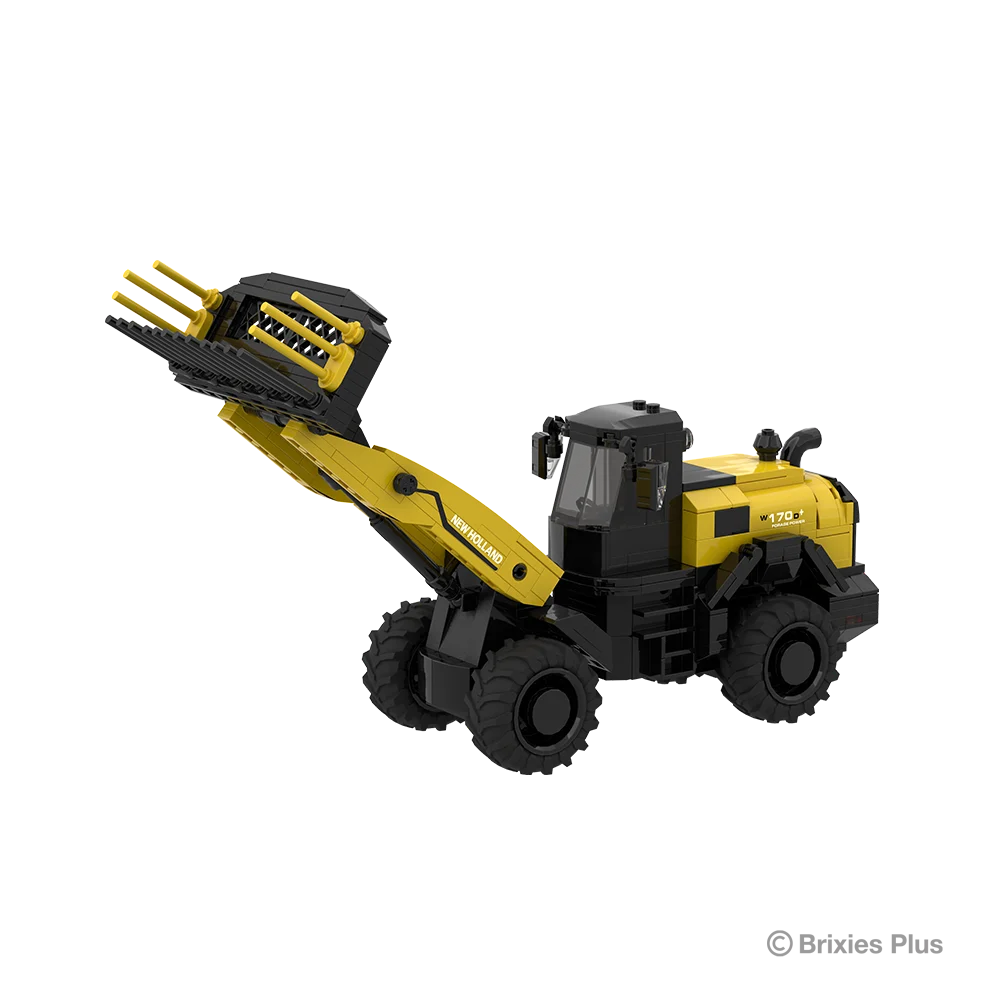 BRIXIES Plus New Holland W170D+ wheel loader model in yellow and black with the loader arm raised and front attachment tilted upward