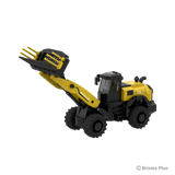 BRIXIES Plus New Holland W170D+ wheel loader model in yellow and black with the loader arm raised and front attachment tilted upward