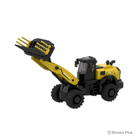 BRIXIES Plus New Holland W170D+ wheel loader model in yellow and black with the loader arm raised and front attachment tilted upward