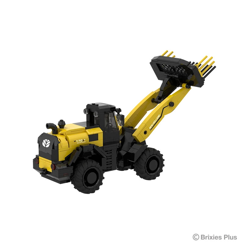 Rear three quarter view of the BRIXIES Plus New Holland W170D+ showing the rear grille, round tail lights, cab and raised loader arm