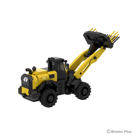Rear three quarter view of the BRIXIES Plus New Holland W170D+ showing the rear grille, round tail lights, cab and raised loader arm