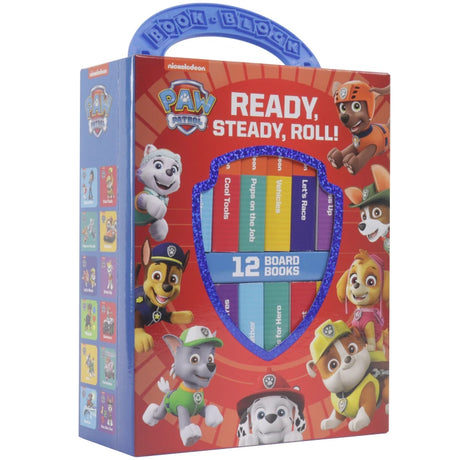 PAW Patrol Ready Steady Roll 12 board books box shown from an angled side view