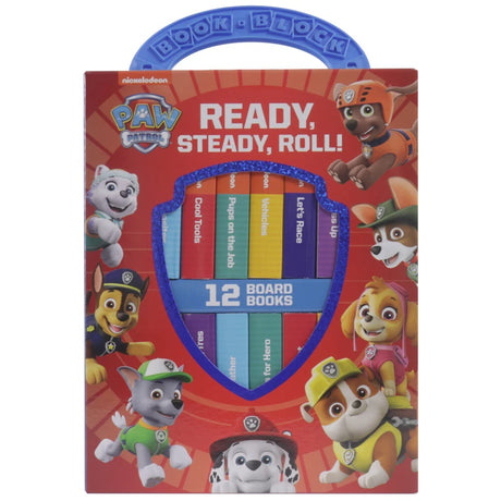 PAW Patrol Ready Steady Roll 12 board books shown in front facing box