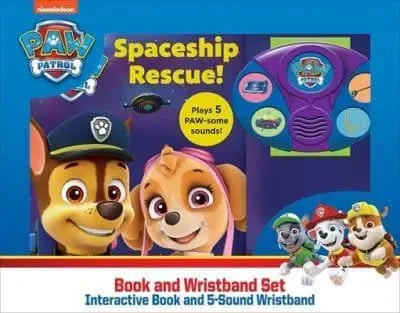 PAW Patrol Spaceship Rescue Book and Wristband Set front packaging with purple sound wristband