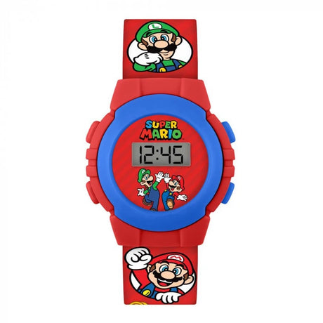 Nintendo Super Mario Red Digital Watch close view with digital time display, blue bezel and Mario and Luigi artwork
