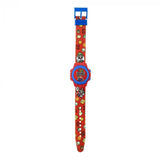 Nintendo Super Mario Red Digital Watch full view with red printed strap featuring Mario, Luigi, coins, mushrooms and stars