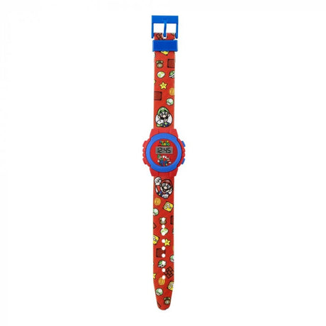 Nintendo Super Mario Red Digital Watch full view with red printed strap featuring Mario, Luigi, coins, mushrooms and stars