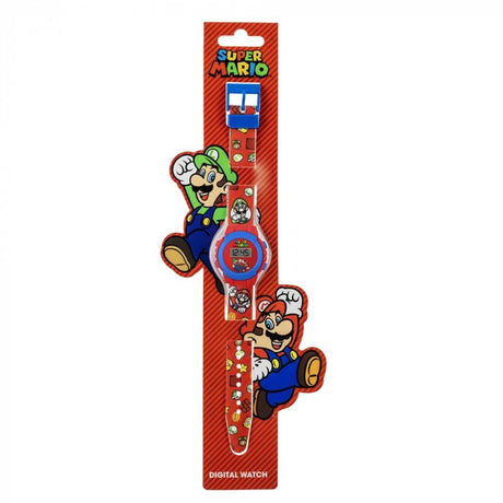 Nintendo Super Mario Red Digital Watch displayed on Super Mario retail packaging with Mario and Luigi artwork