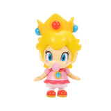 Nintendo Super Mario Baby Peach figure with blonde hair, golden crown, pink dress, pink dummy and red shoes against a white background.