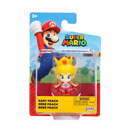 Nintendo Super Mario Baby Peach 2.5 inch figure wearing a pink dress and golden crown inside original blister packaging with colourful Super Mario artwork.