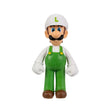 Nintendo Super Mario Fire Luigi figure wearing a white cap with green L emblem, white shirt, green overalls and brown shoes against a white background.