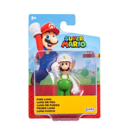 Nintendo Super Mario Fire Luigi 2.5 inch figure wearing a white cap, white shirt and green overalls in original blister packaging.