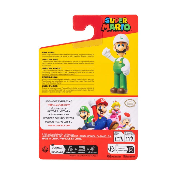 Back of the Nintendo Super Mario Fire Luigi figure packaging showing Luigi in his white cap and green overalls, multilingual product information and safety labels.