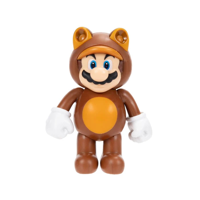 Nintendo Super Mario Tanooki Mario figure wearing a brown raccoon costume with rounded ears, orange belly and white gloves against a white background.